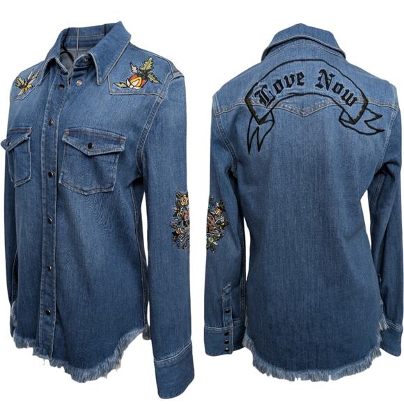 Zadig & Voltaire Deluxe Thelma Love Now Embroidery Western Denim Button Shirt XS - Picture 1 of 15